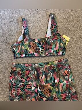 NWT Joan Vass Multicolor Animal Print Two-Piece Swimsuit - Large Bottom/Med Top